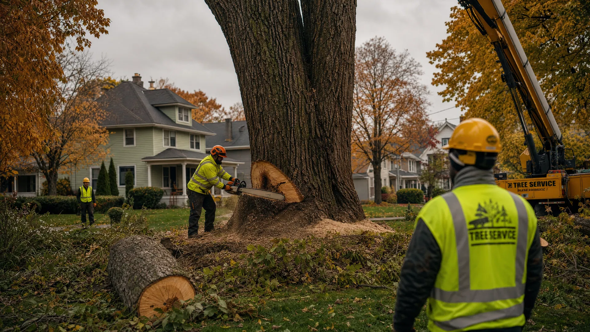 Tree removal crew working in a Austin NY suburb