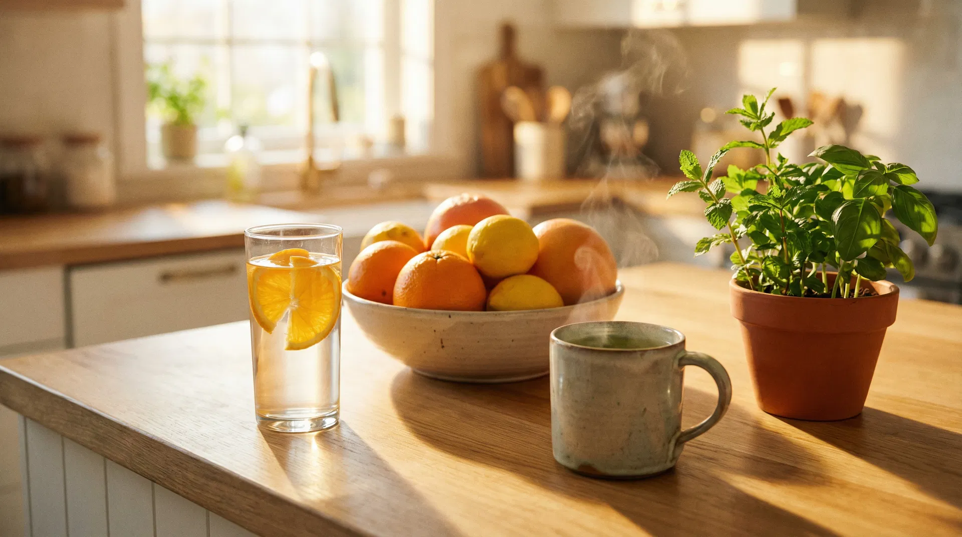 Fresh citrus fruits and green tea on a sunny kitchen counter — a healthy morning wellness routine