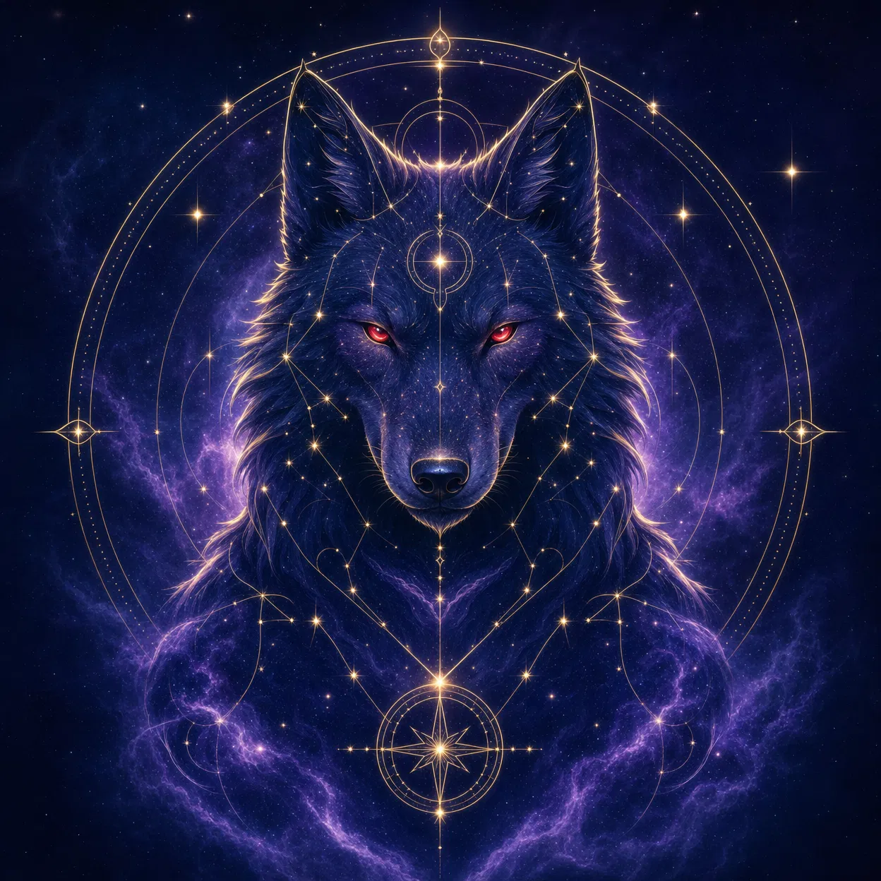 CelestialPieces constellation wolf mascot with glowing red eyes