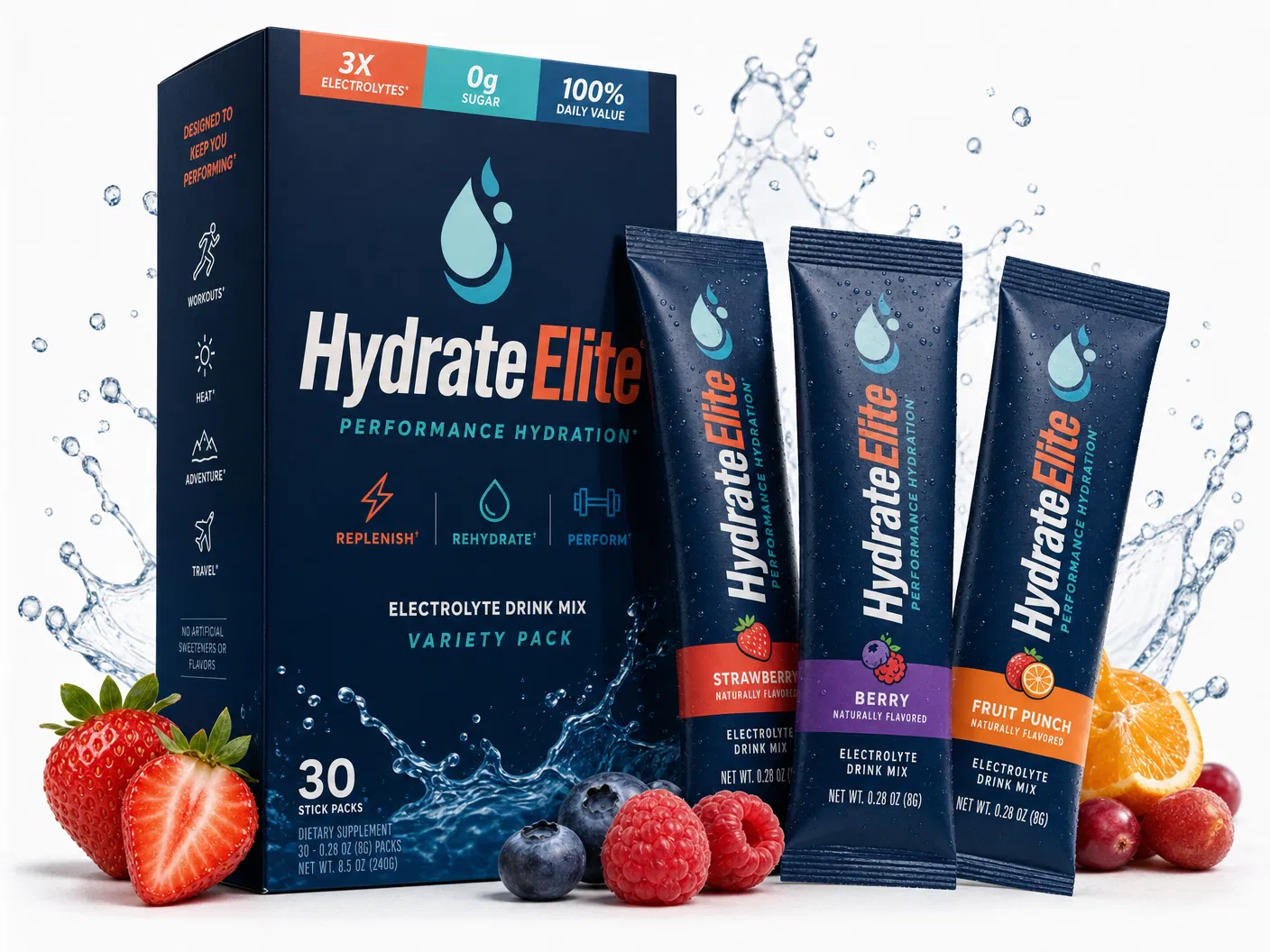 HydrateElite product box and flavor packets