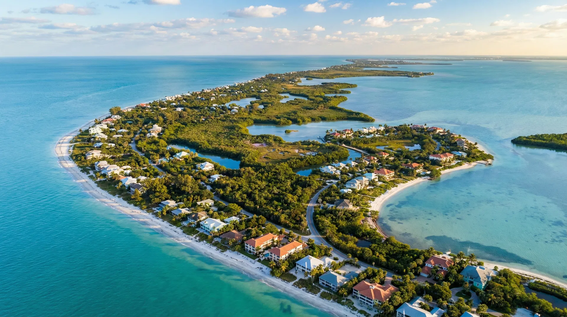 Aerial view of Florida's Gulf Coast coastline showing Sanibel and Naples area
