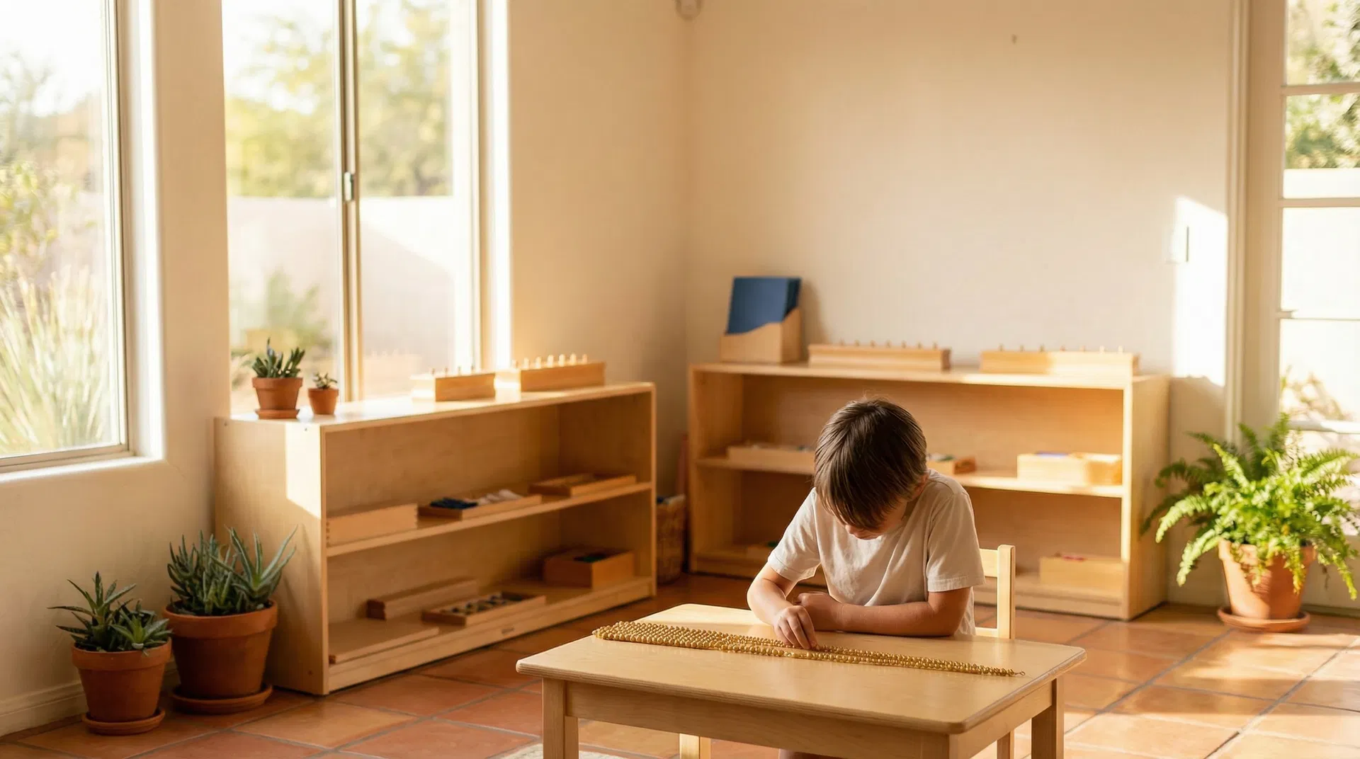 A child focused on Montessori learning materials at Select Education