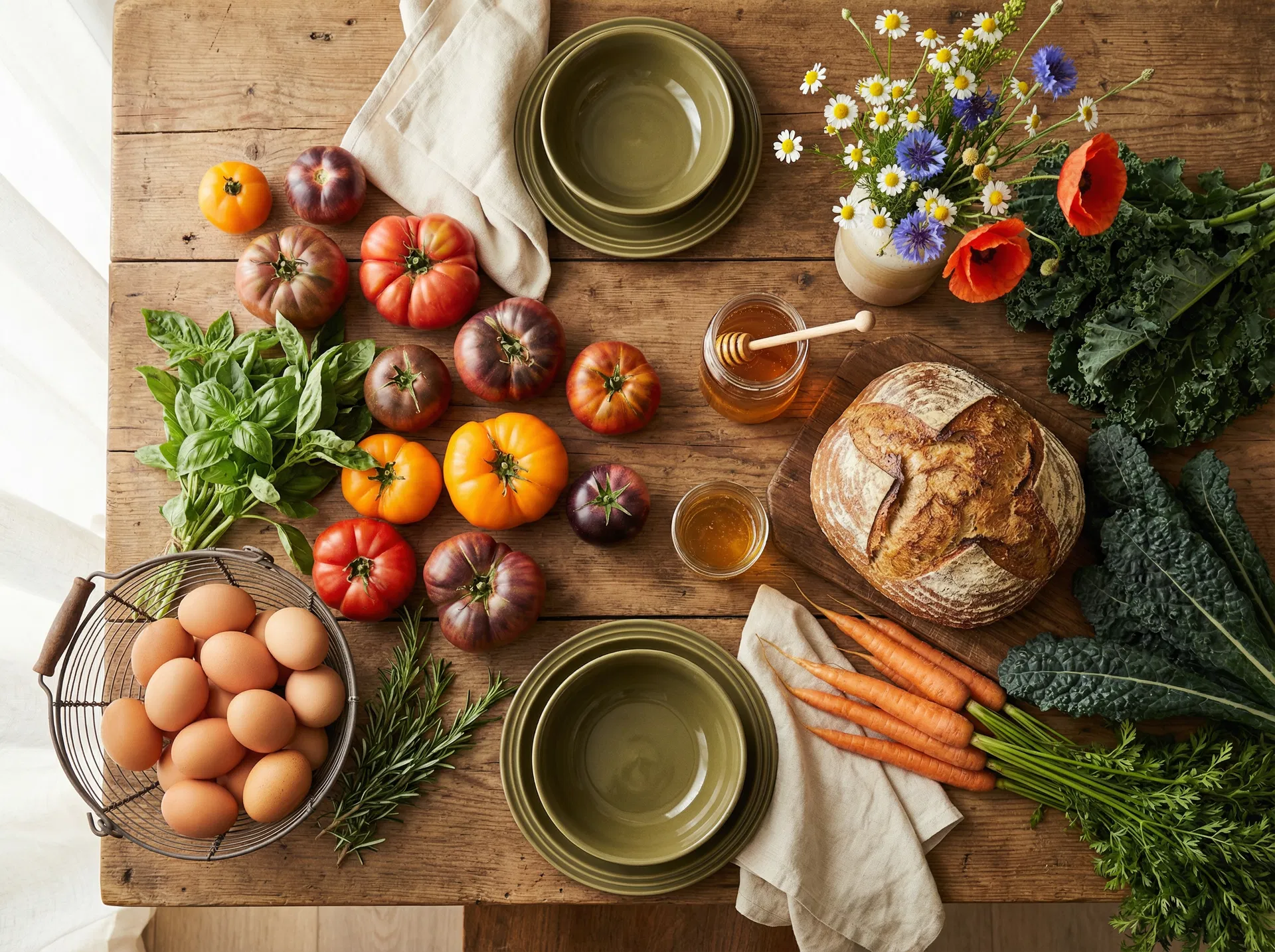 Fresh farm produce arranged on a rustic table