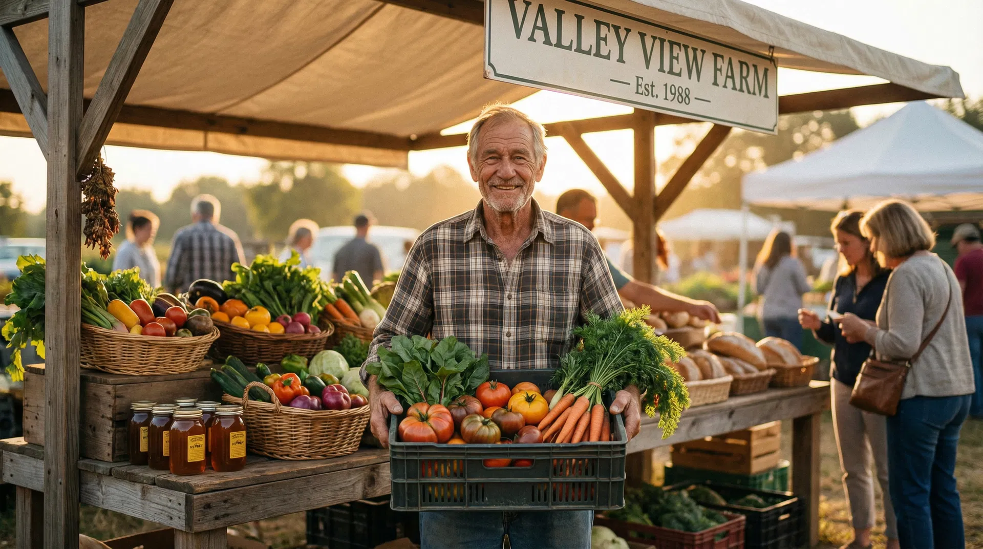 Local farmer with fresh produce at market