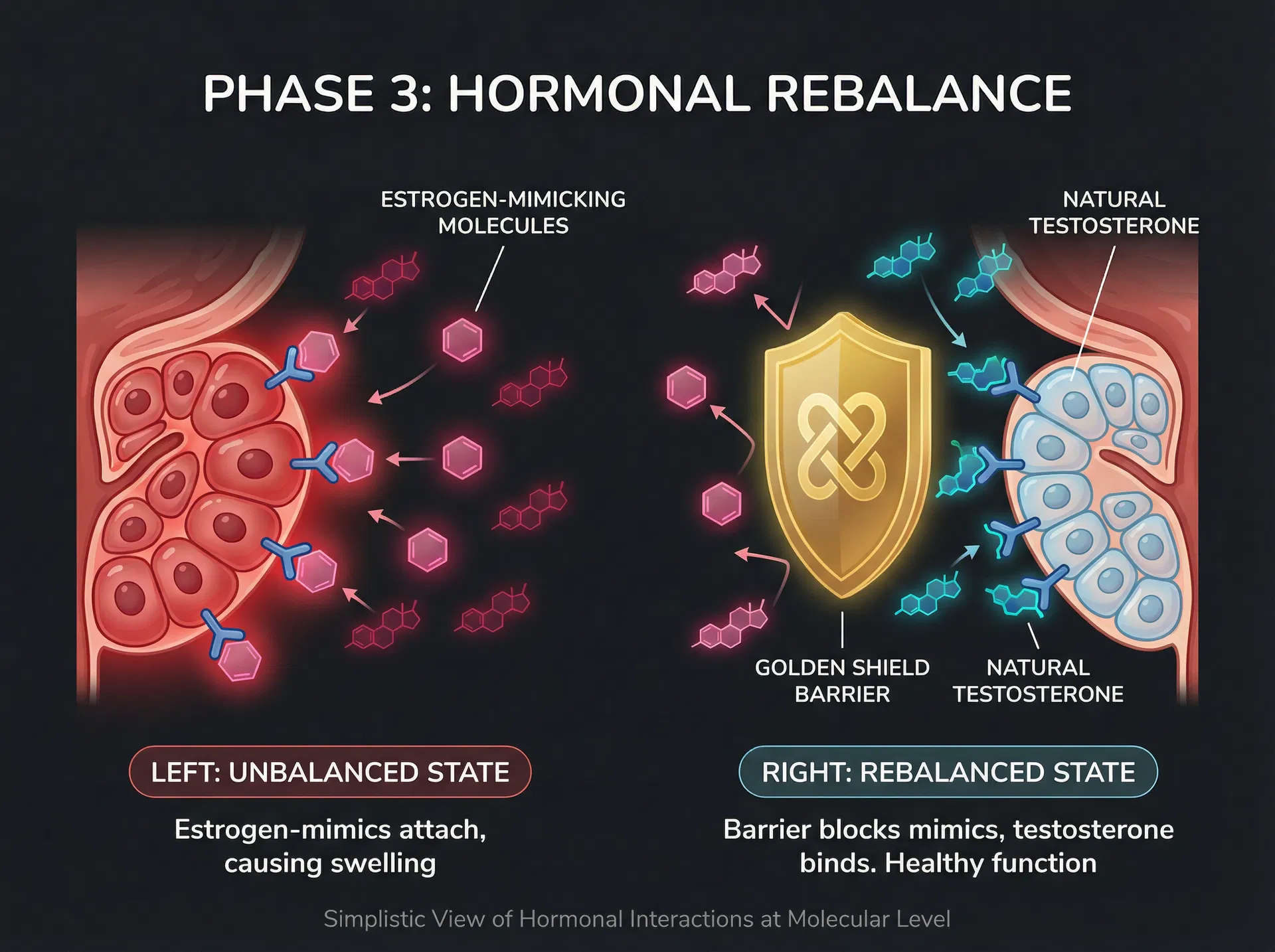 Golden shield barrier blocking fake estrogen while natural testosterone binds properly
