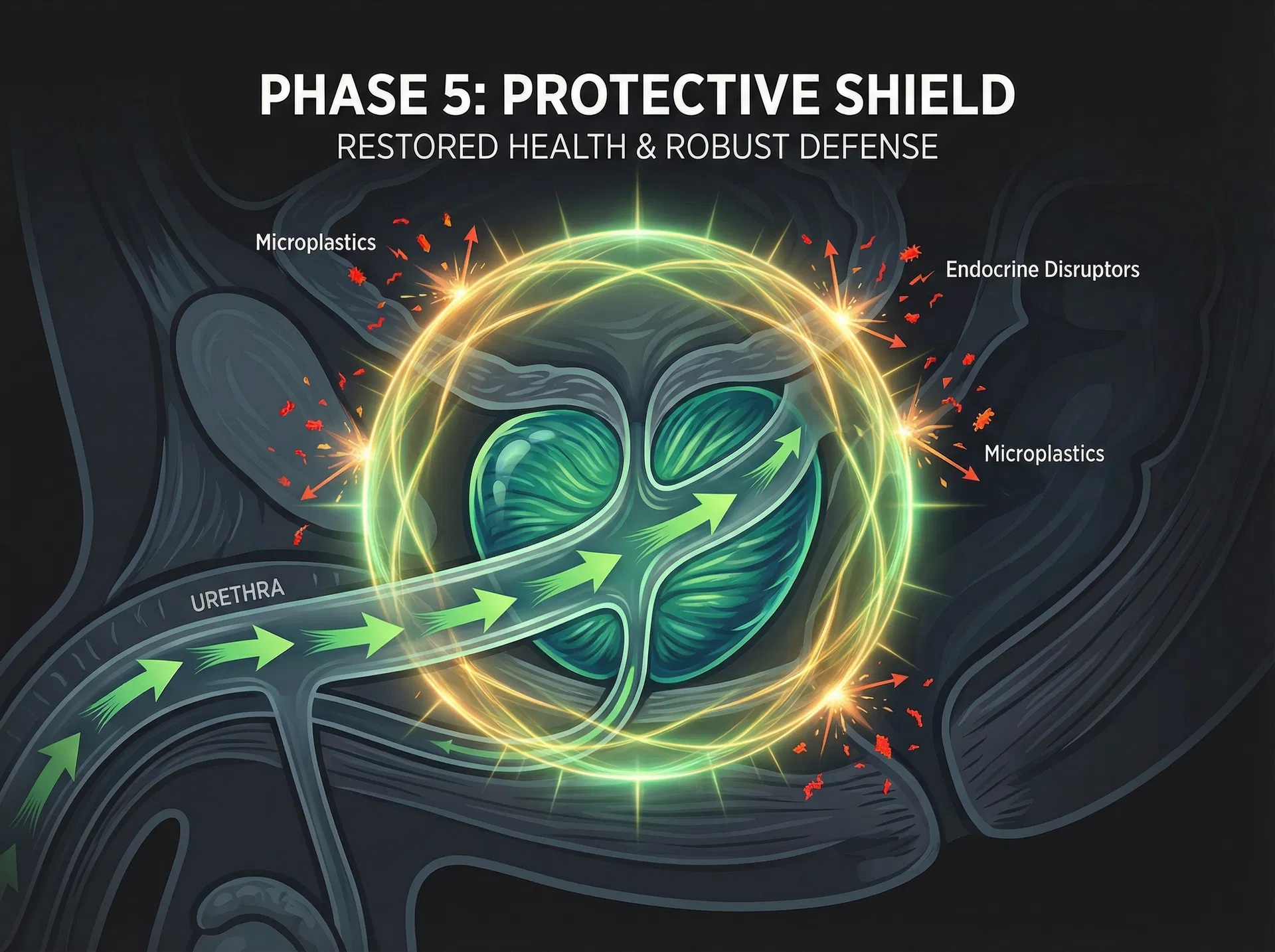 Restored prostate surrounded by a protective shield — toxic particles bounce off