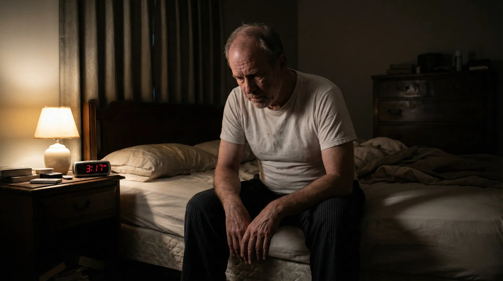 Robert M., 68 — sitting on the edge of his bed at 3 AM, exhausted from sleepless nights