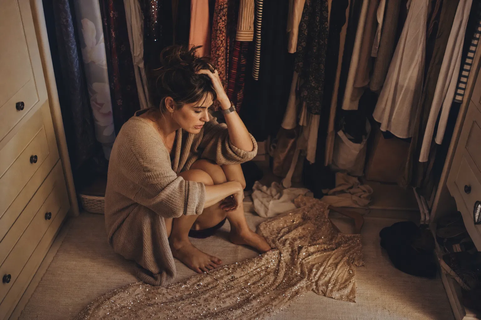 Woman sitting on closet floor, frustrated