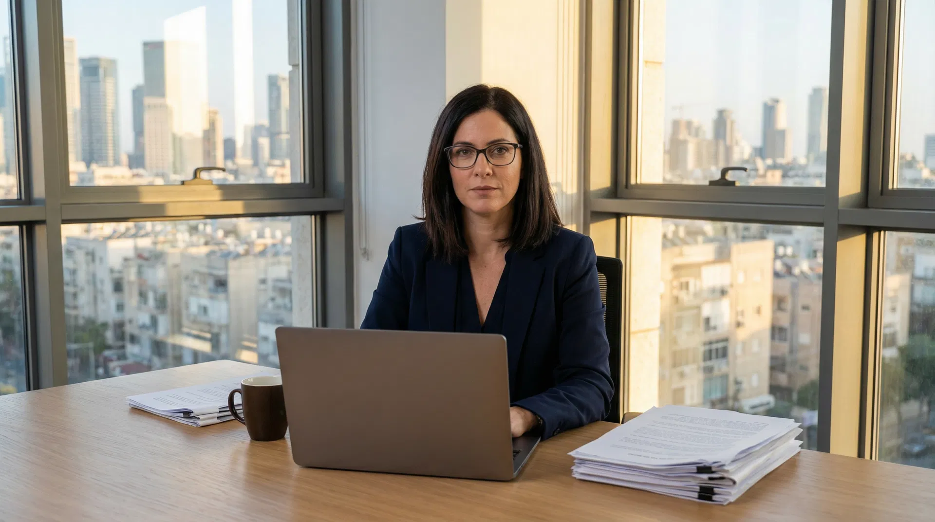 עורכת דין בעבודה בעיצוב משרדי מודרני עם מסמכים משפטיים