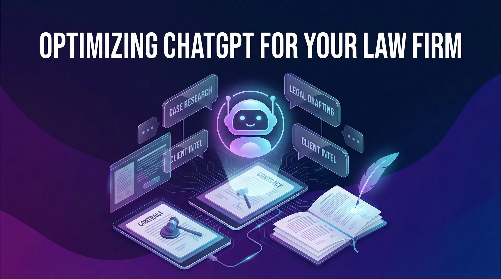 אופטימיזציה עבור ChatGPT - עיצוב עם בועות שיחה, מסמכים משפטיים ואלמנטים טכנולוגיים