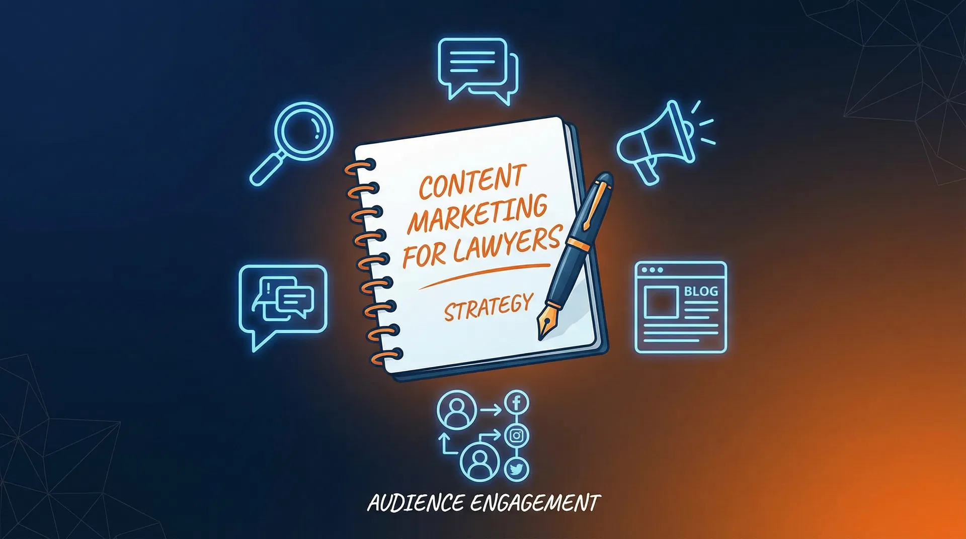 שיווק תוכן לעורכי דין - עיצוב עם אלמנטים כתיבה, סמלי בלוג ומעורבות קהל