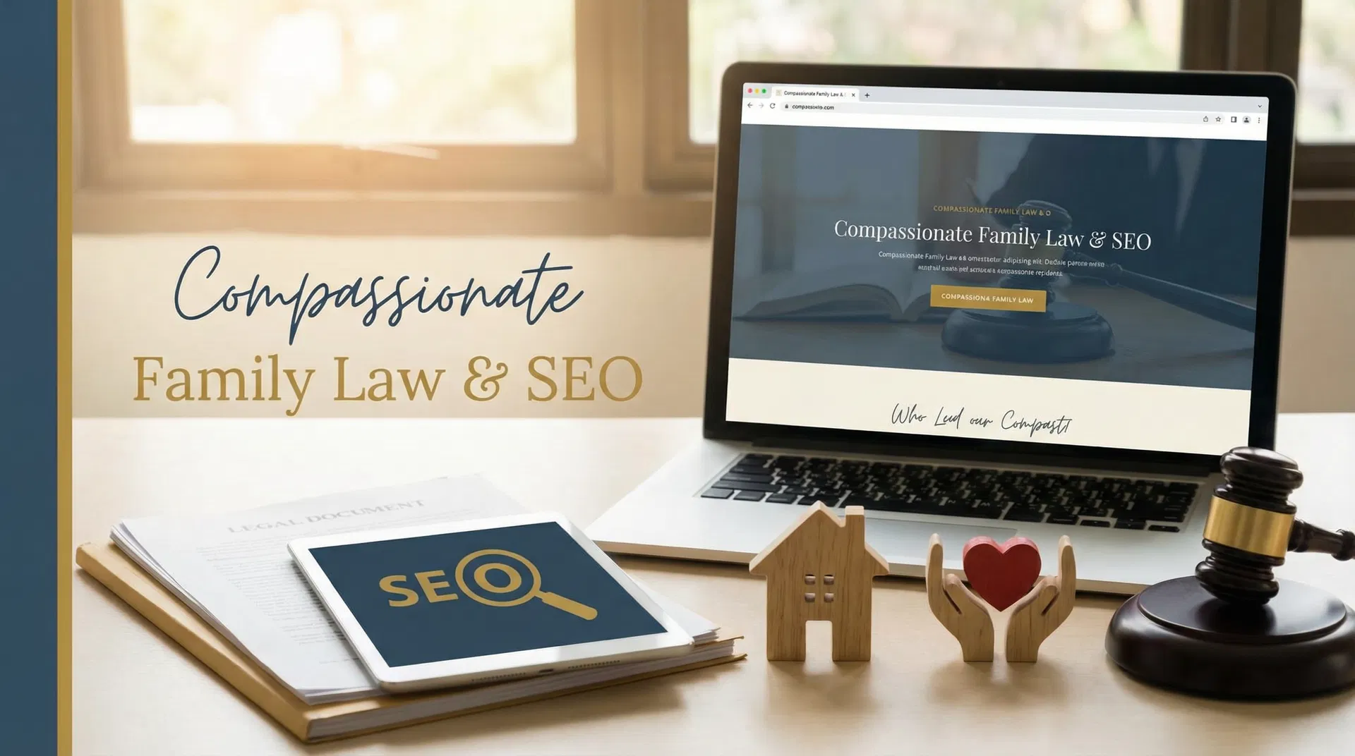 SEO לעורכי דין משפחה - עיצוב רגיש עם סמלים הקשורים למשפחה ומסמכים משפטיים