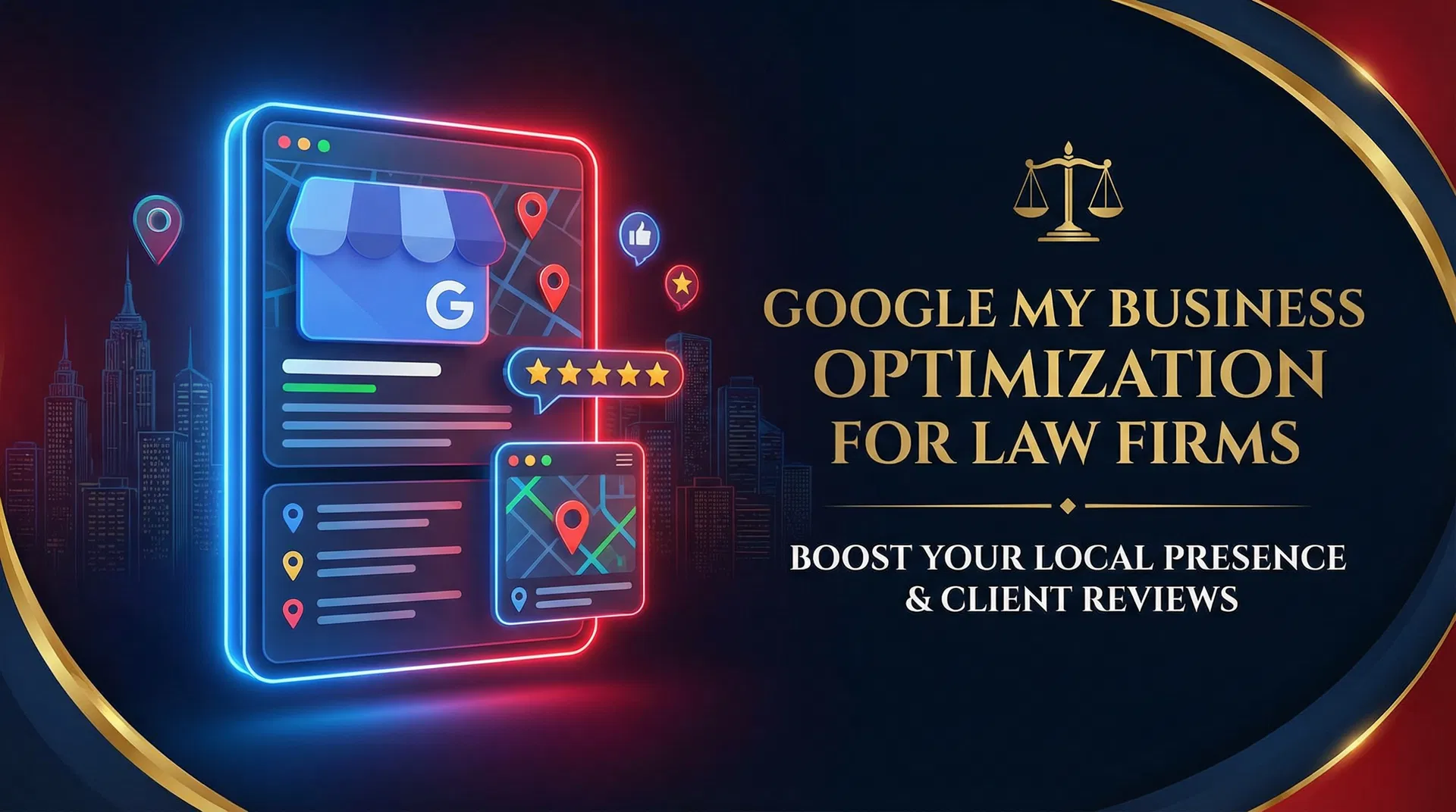 אופטימיזציית Google My Business - עיצוב עם סמלי מיקום, ביקורות וסקאלות צדק