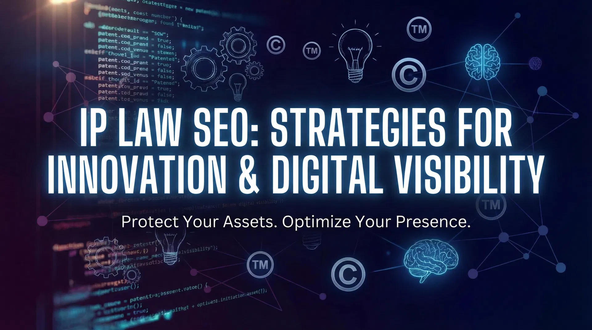 SEO לקניין רוחני - עיצוב יצירתי עם סמלי פטנט, זכויות יוצרים ואלמנטים חדשנות