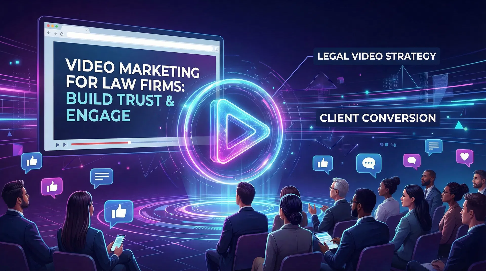שיווק וידאו למשרדי דין - עיצוב עם כפתור הפעלה, הצגה מקצועית ומעורבות קהל