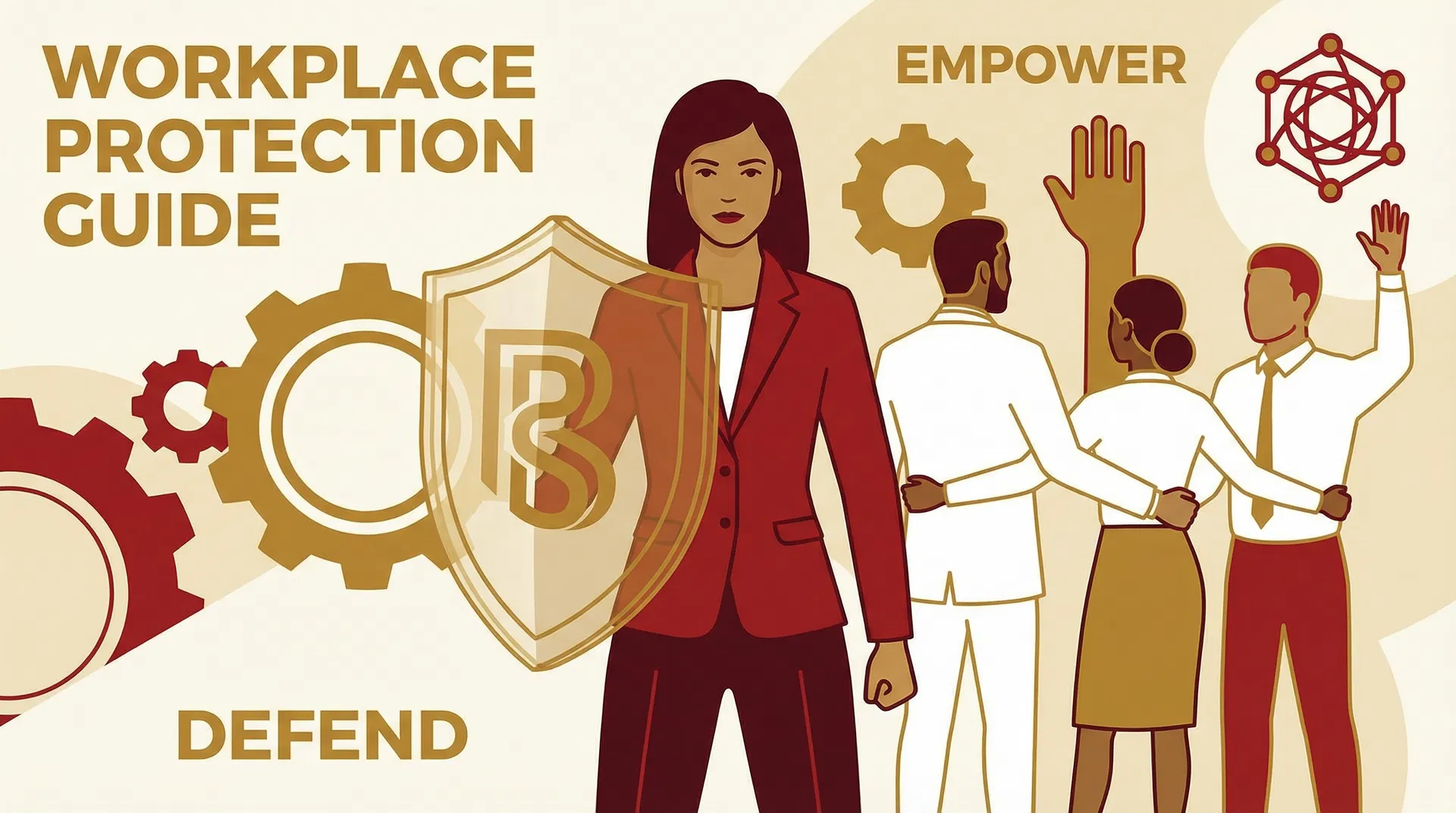 עו"ד ליאת פייגל - מדריך הטרדה מינית בעבודה: אישה עם מגן הגנה וסמלי הגנה