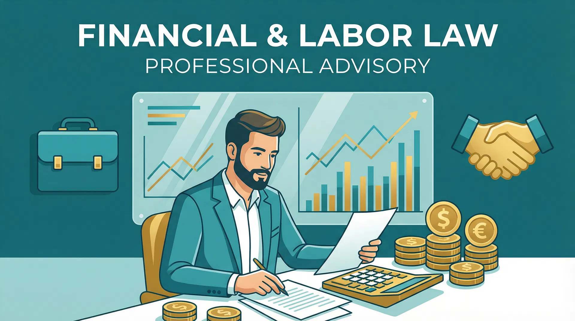 עו"ד ליאת פייגל - מדריך פיצויי פיטורים: איש עם תרשימים פיננסיים, מטבעות וחישובים