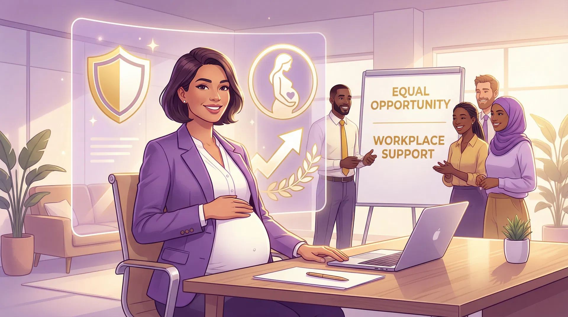 עו"ד ליאת פייגל - מדריך זכויות נשים בעבודה: אישה בהריון בסביבה תומכת עם סמלי הגנה