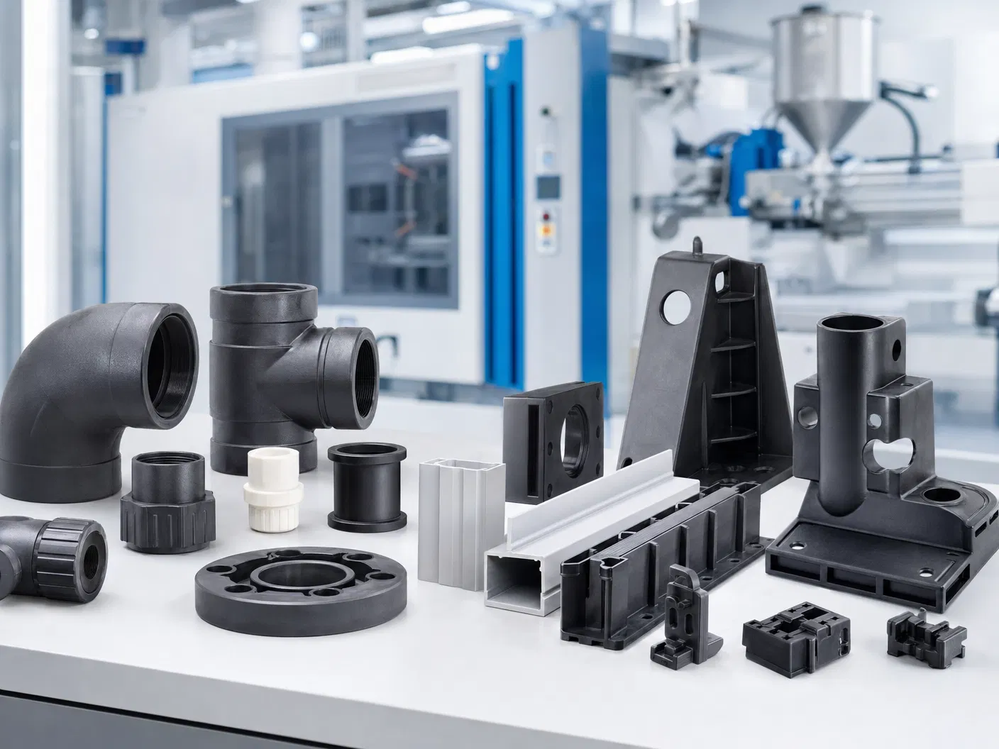 Plastic pipe fittings, profile connectors and engineering plastic parts
