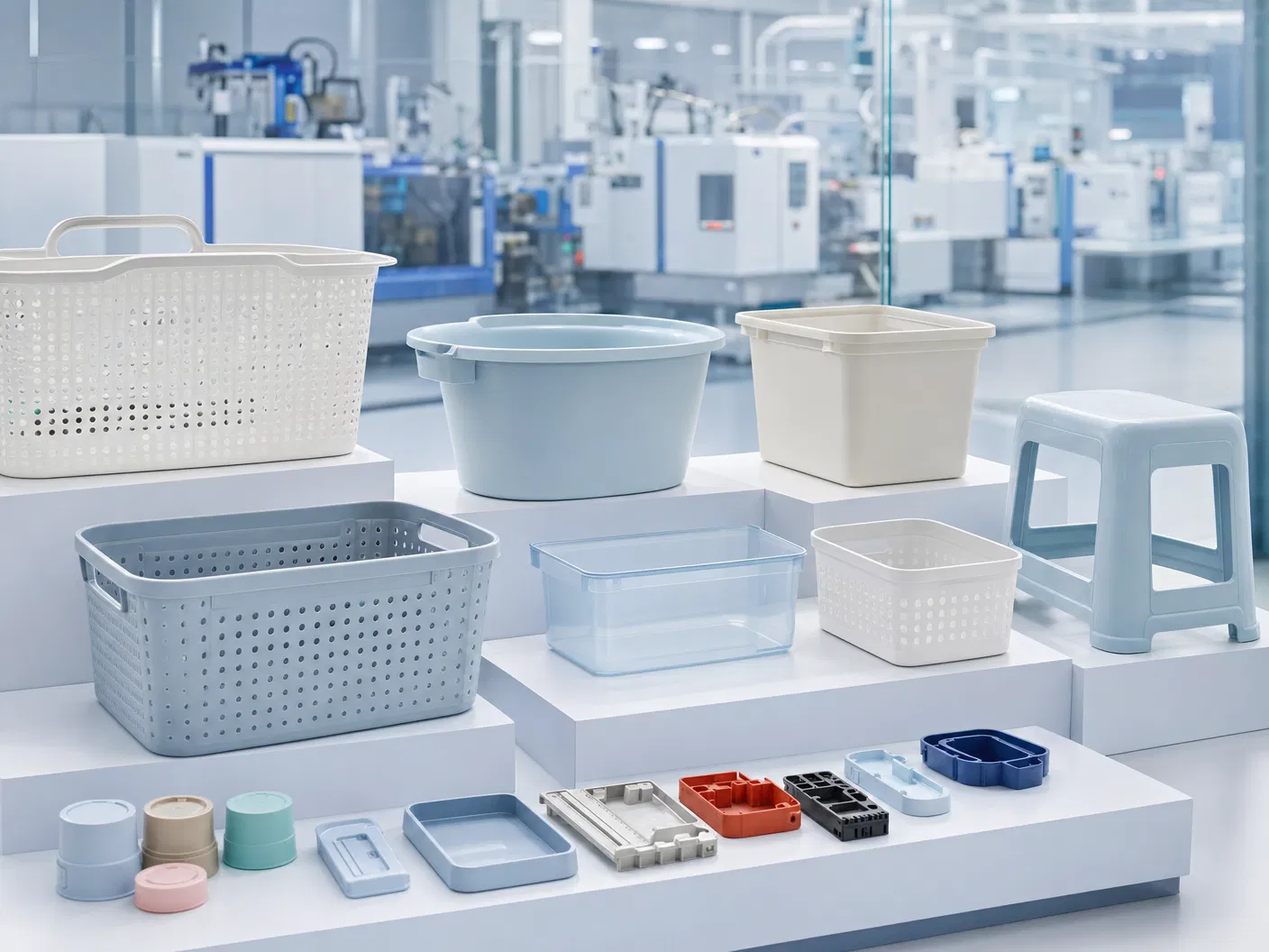 Injection molded baskets, basins, stools and daily-use plastic products
