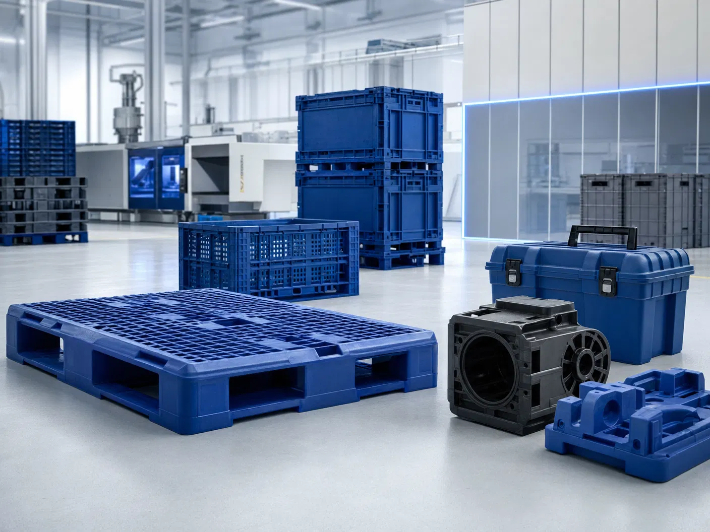 Plastic pallets, logistics crates and thick-wall industrial molded parts