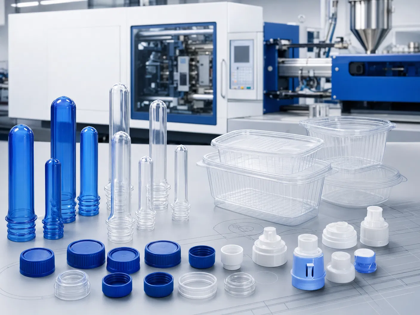 PET preforms, caps and transparent containers for injection molding applications