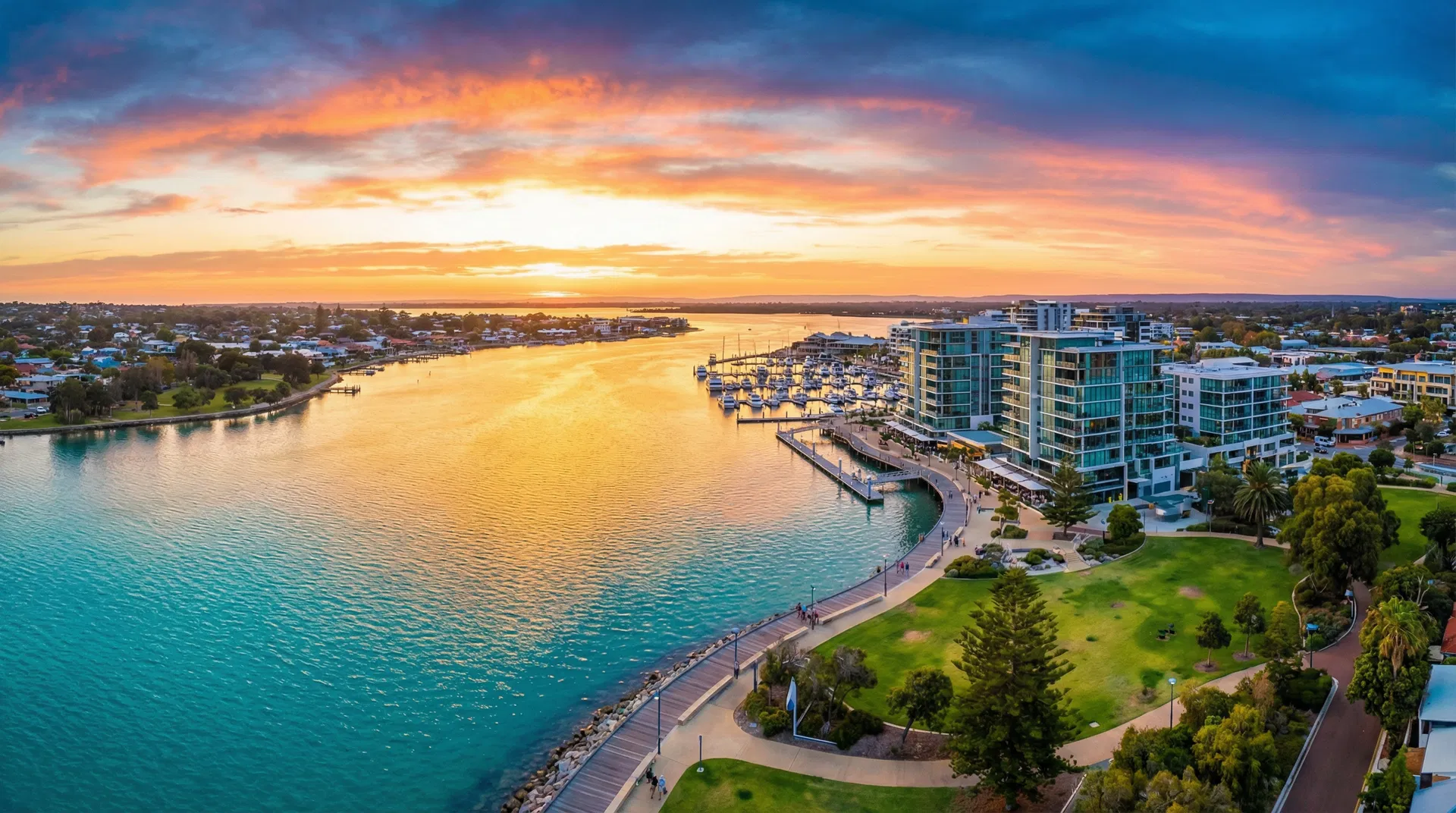 Mandurah Estuary waterfront at sunset