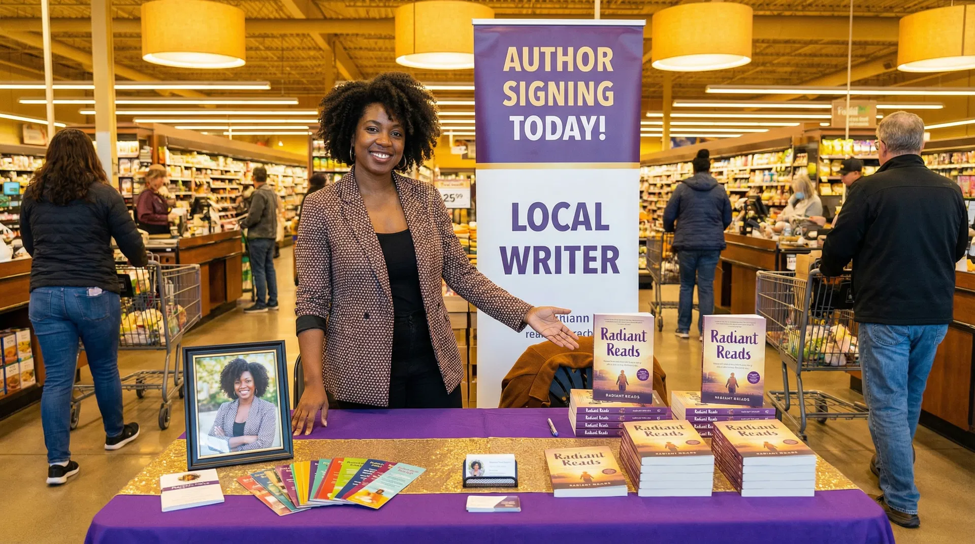 Author at a professional book signing table inside a grocery store