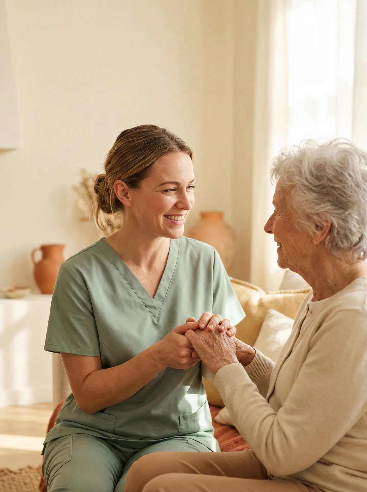 Caregiver holding hands with senior