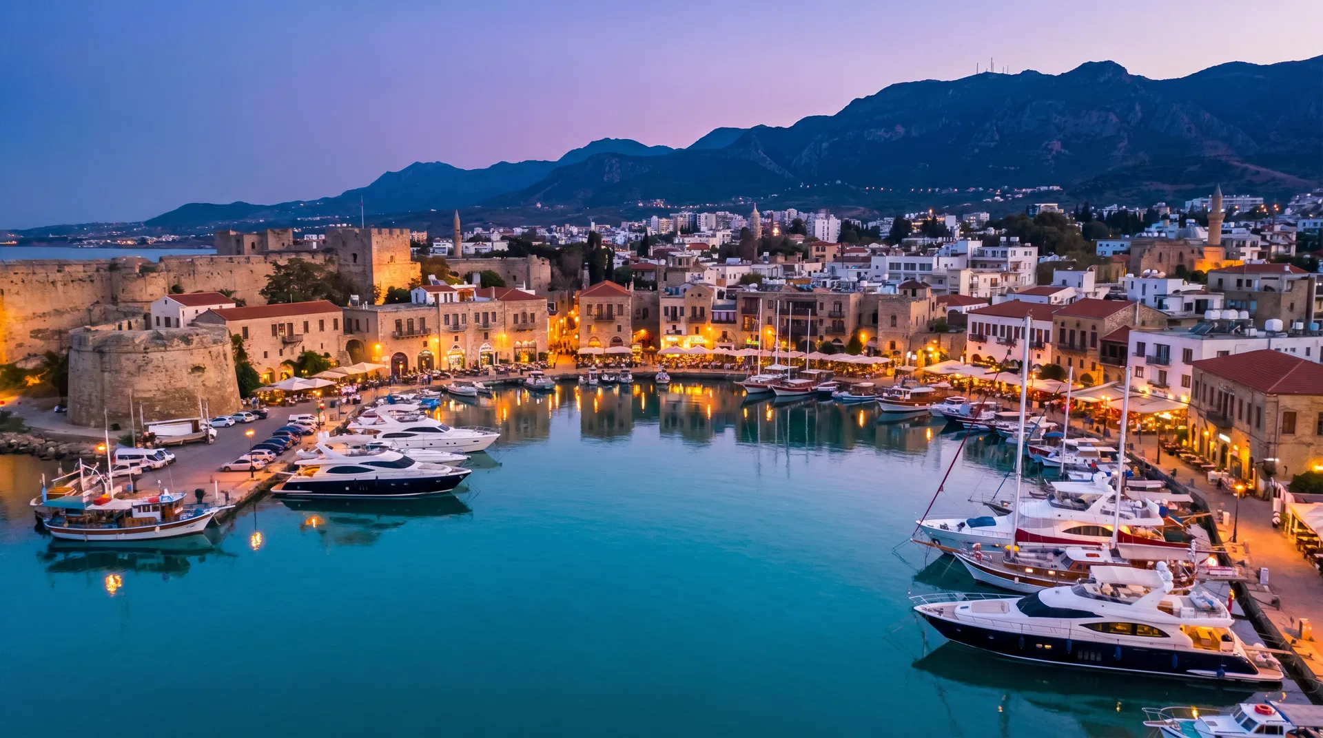 Mediterranean harbor in Cyprus at twilight