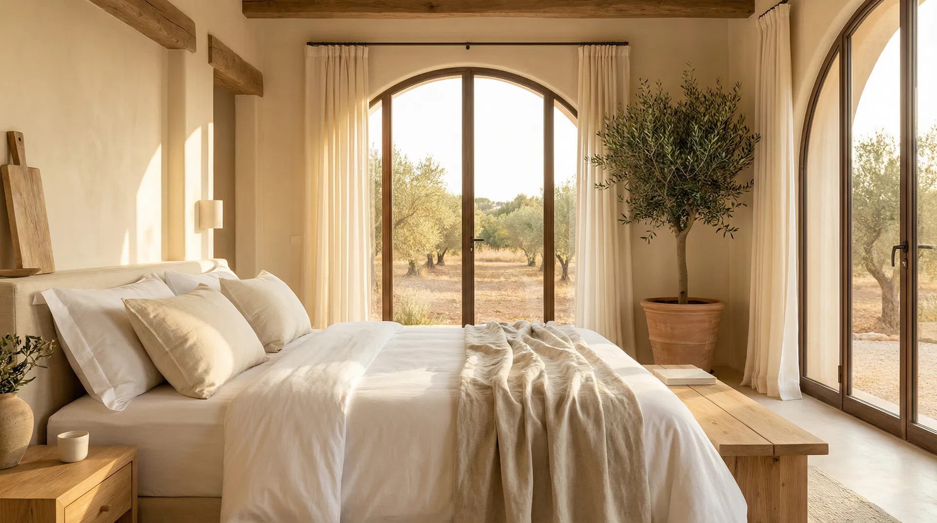 Luxurious Mediterranean bedroom with premium Gevorest bedding