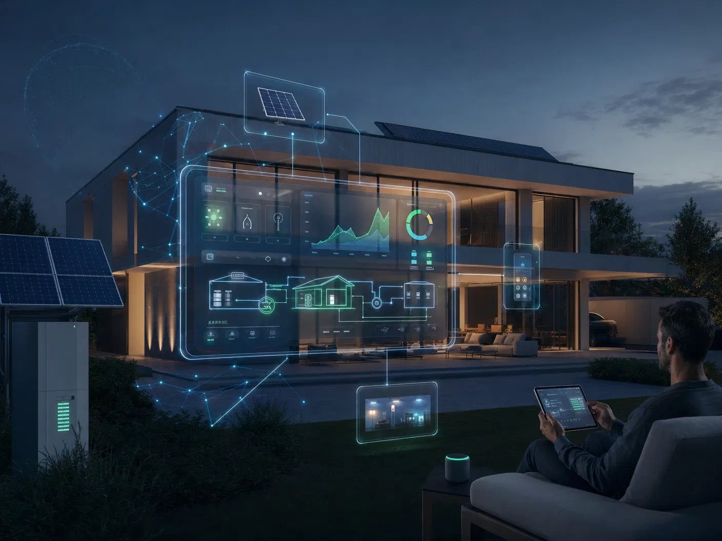 AI smart energy control dashboard connected to solar and storage systems