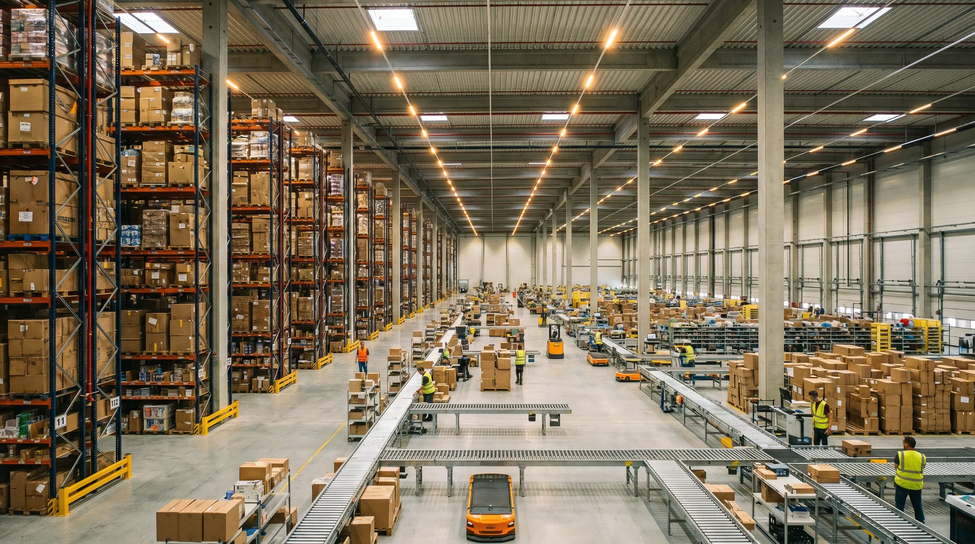 Amazon fulfillment warehouse interior with tall shelving units filled with boxes and products