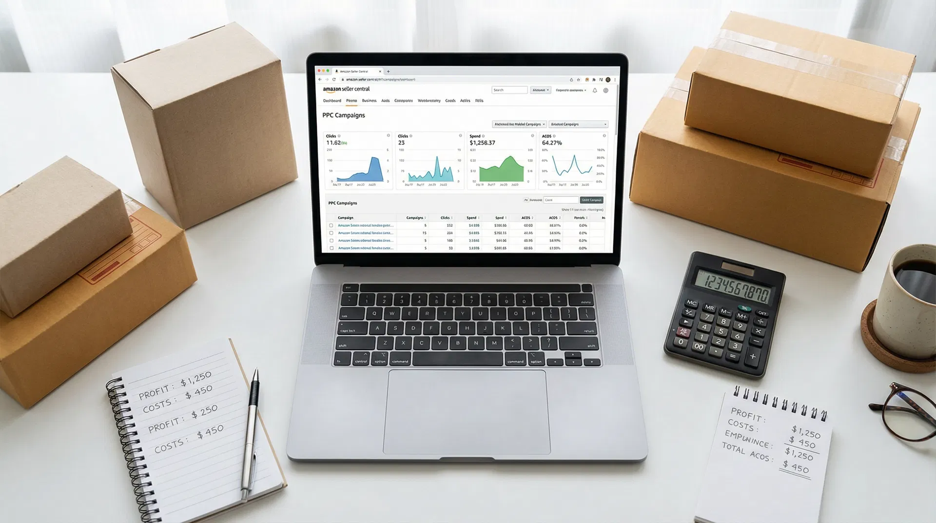 Amazon PPC campaign dashboard on a laptop surrounded by product boxes and profit calculations