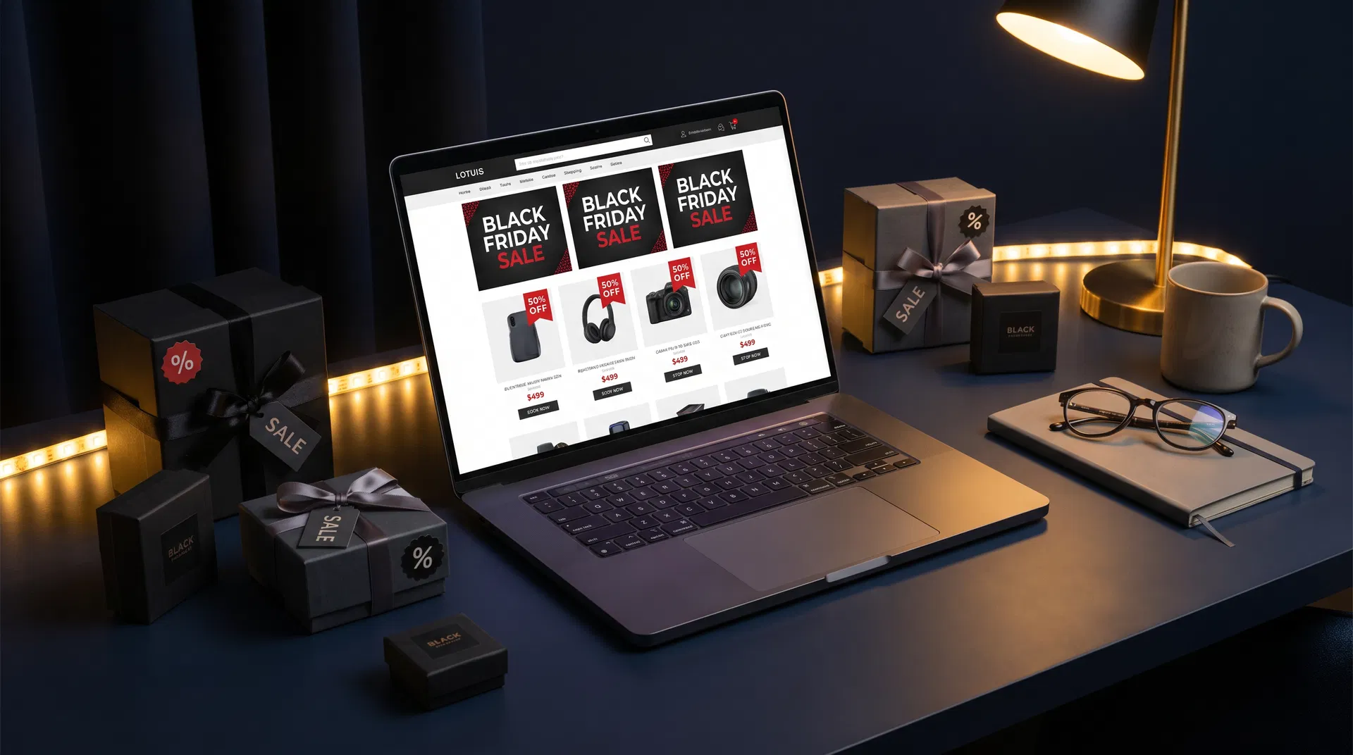 Laptop showing an online store with Black Friday sale prices surrounded by gift boxes with discount tags