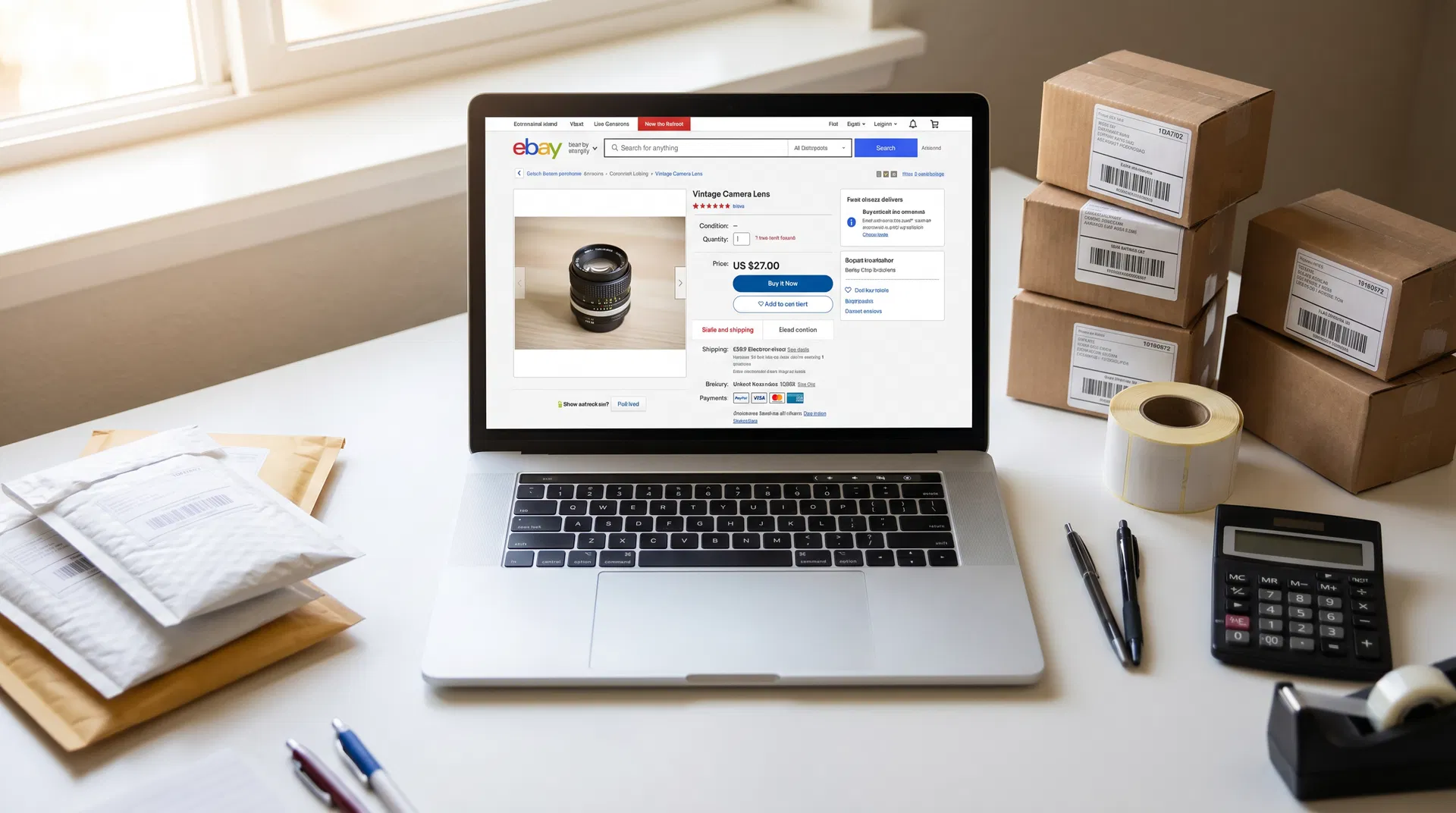 eBay seller workspace with laptop showing a product listing, shipping boxes, and a calculator