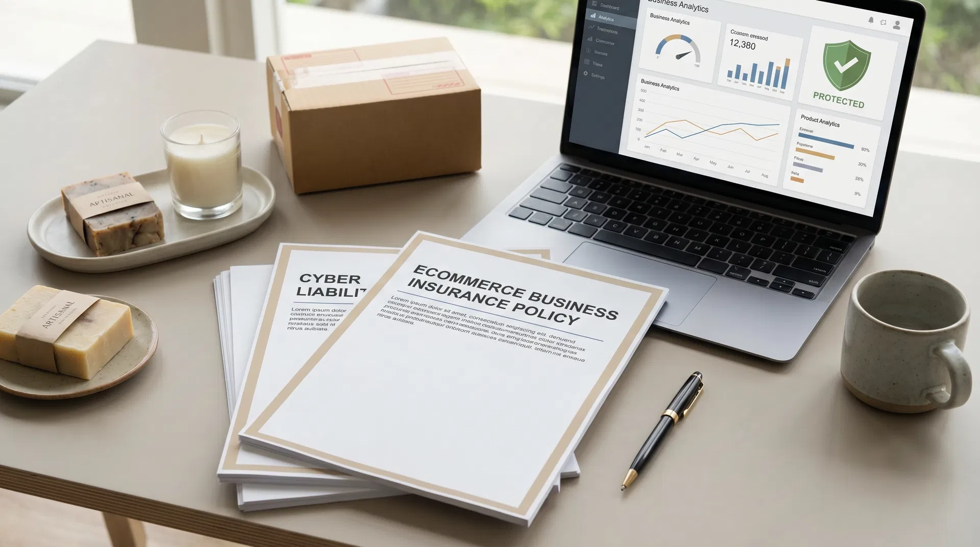 Ecommerce business insurance policy documents on a desk with laptop showing analytics dashboard