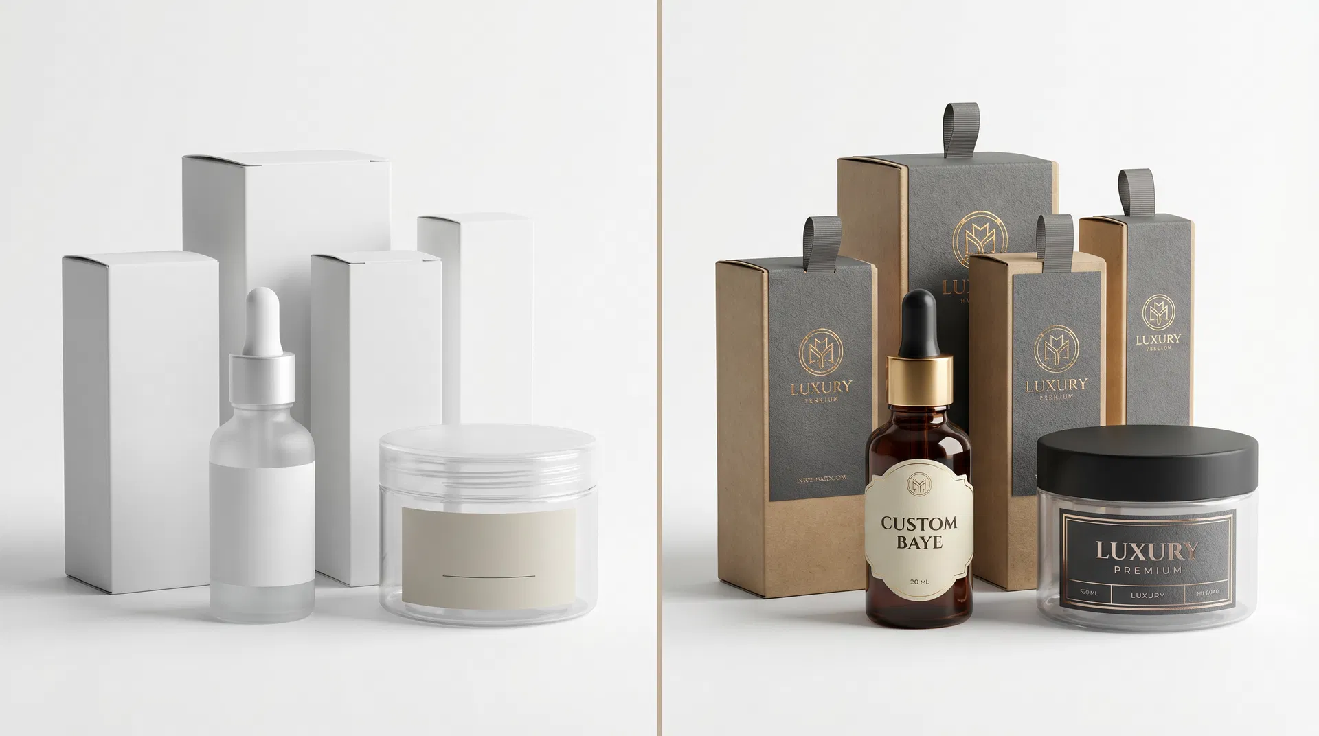 Side-by-side comparison of unbranded white-label products versus premium branded packaging