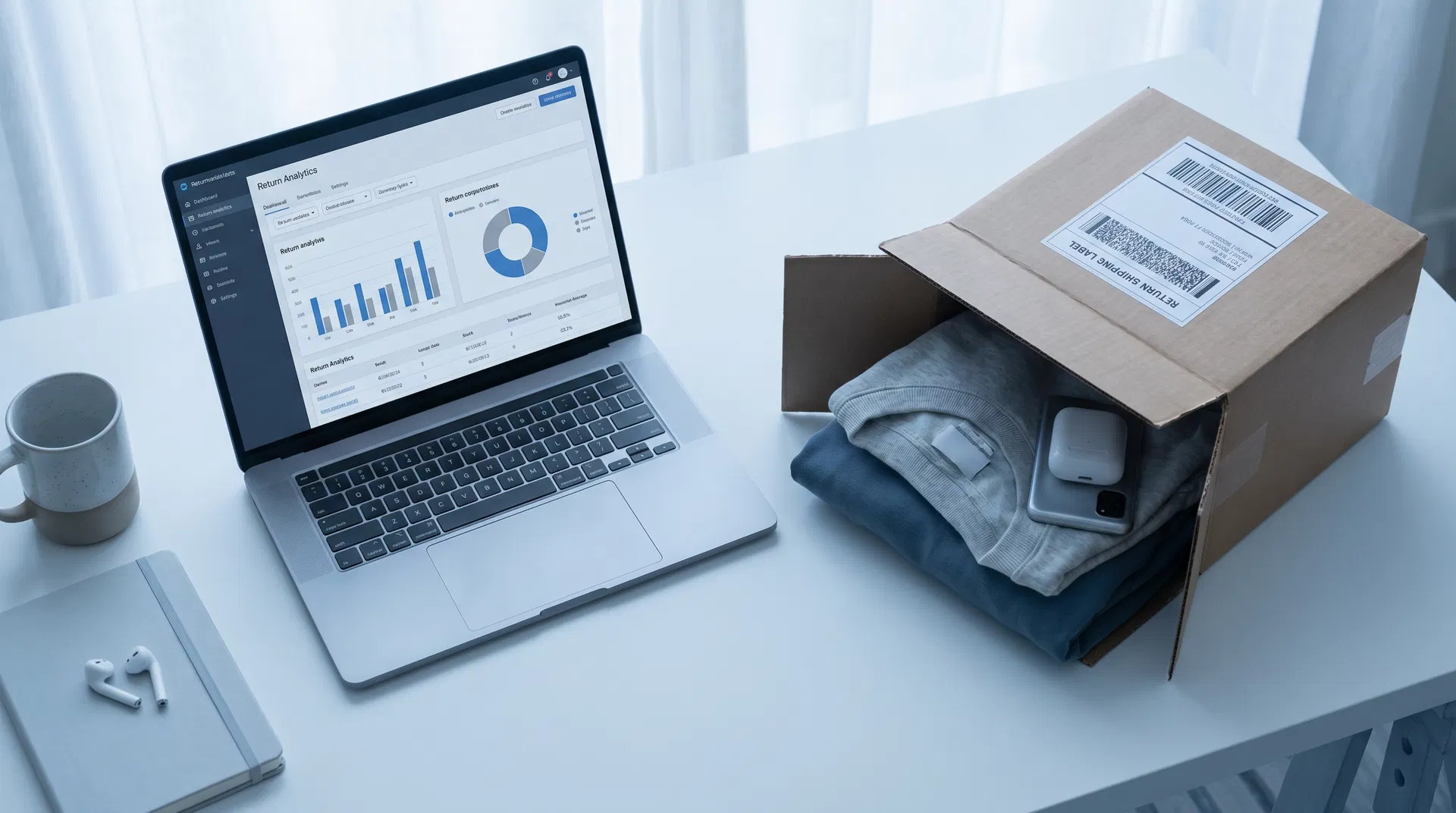 Ecommerce return analytics dashboard with a returned product box on a clean desk