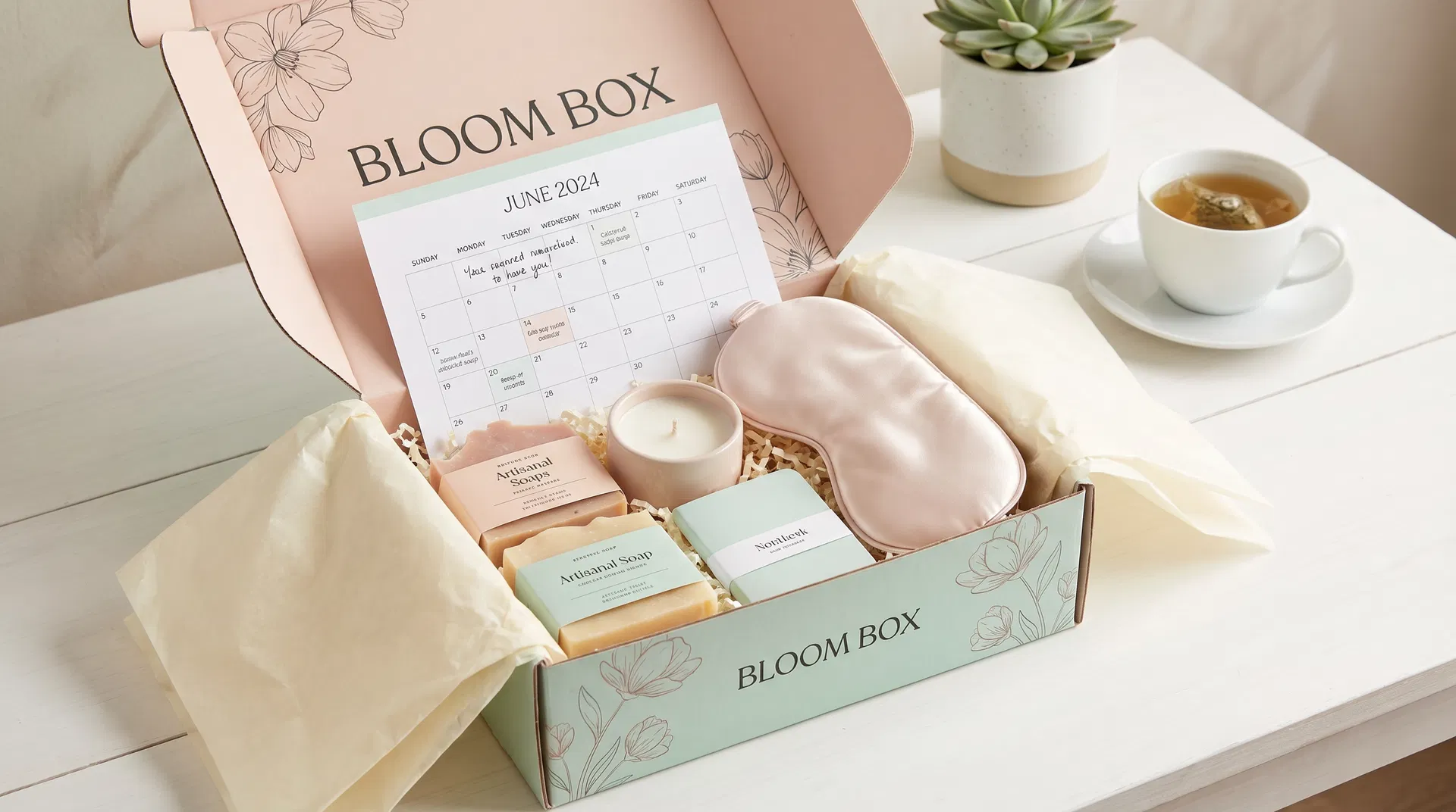 Beautifully curated subscription box open on a white surface showing carefully arranged products with branded packaging