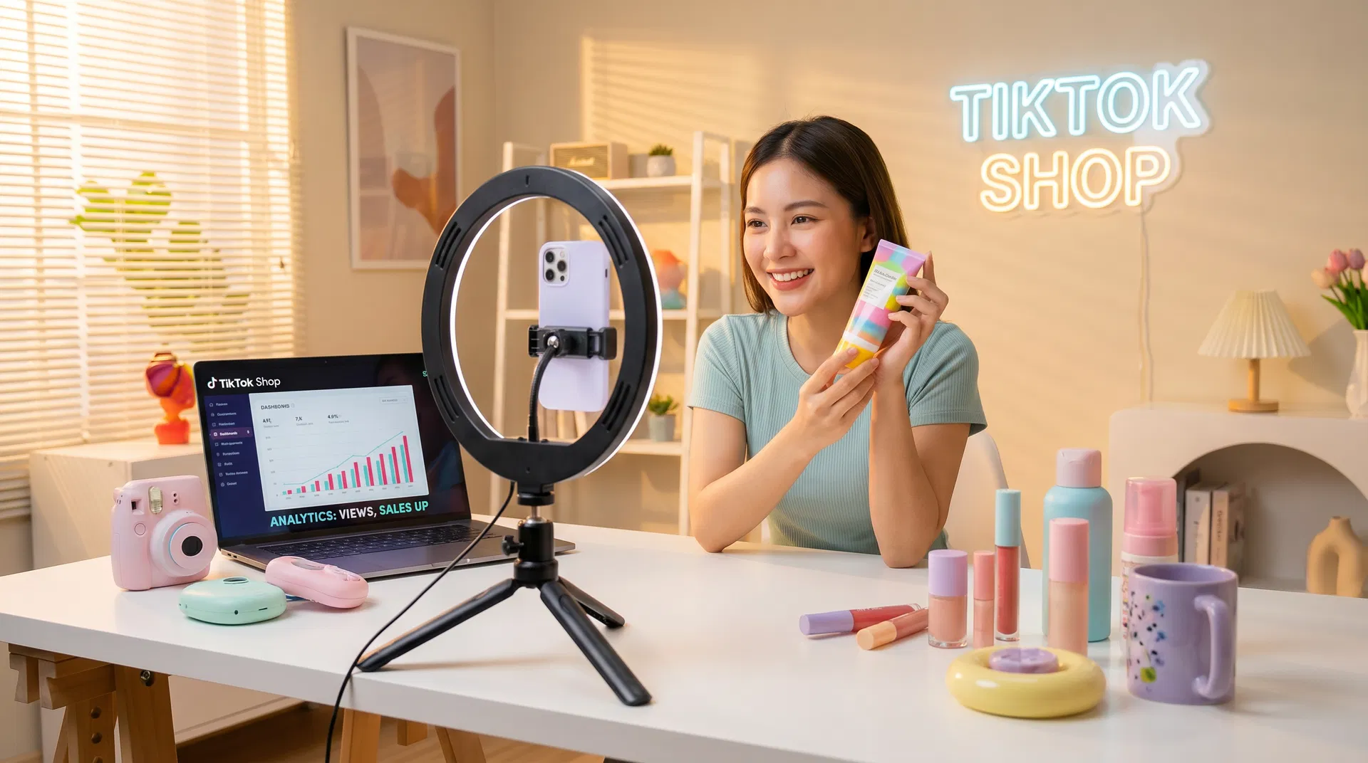 Creator filming a TikTok Shop product video with ring light and analytics dashboard visible