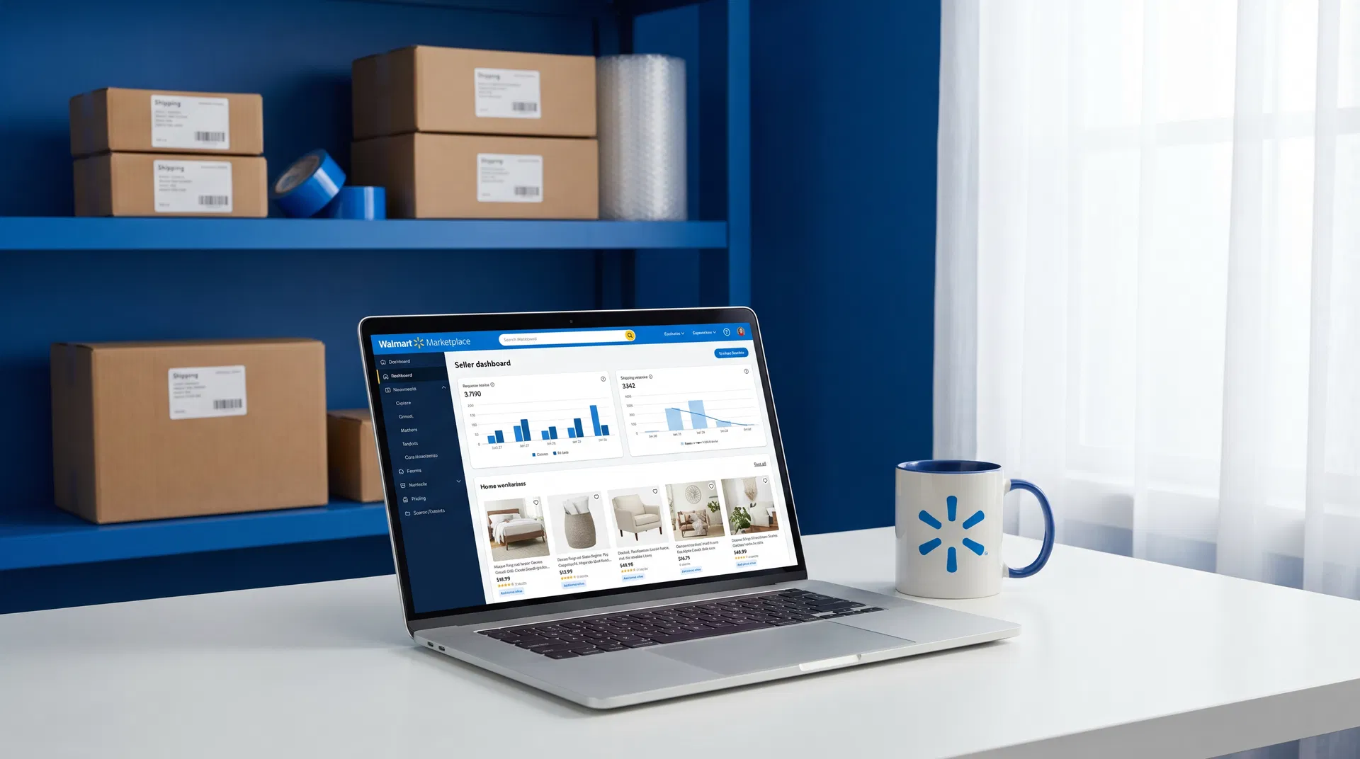 Walmart Marketplace seller dashboard on a laptop with blue-themed workspace and shipping boxes