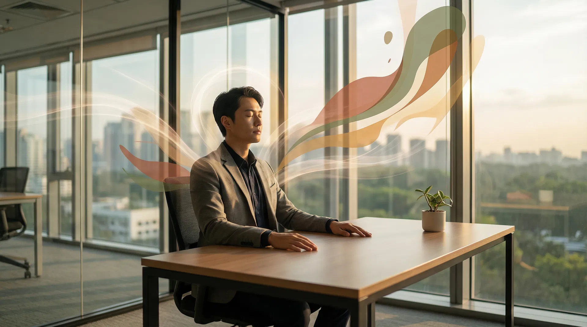 Corporate professional meditating in modern office