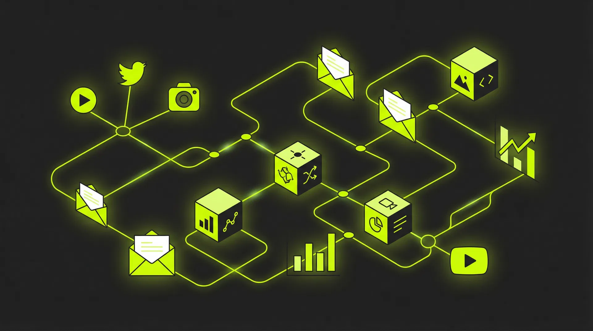 AI-powered marketing automation workflow showing interconnected channels
