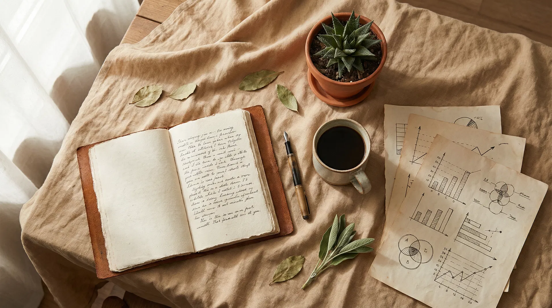 Financial planning journal with coffee and charts