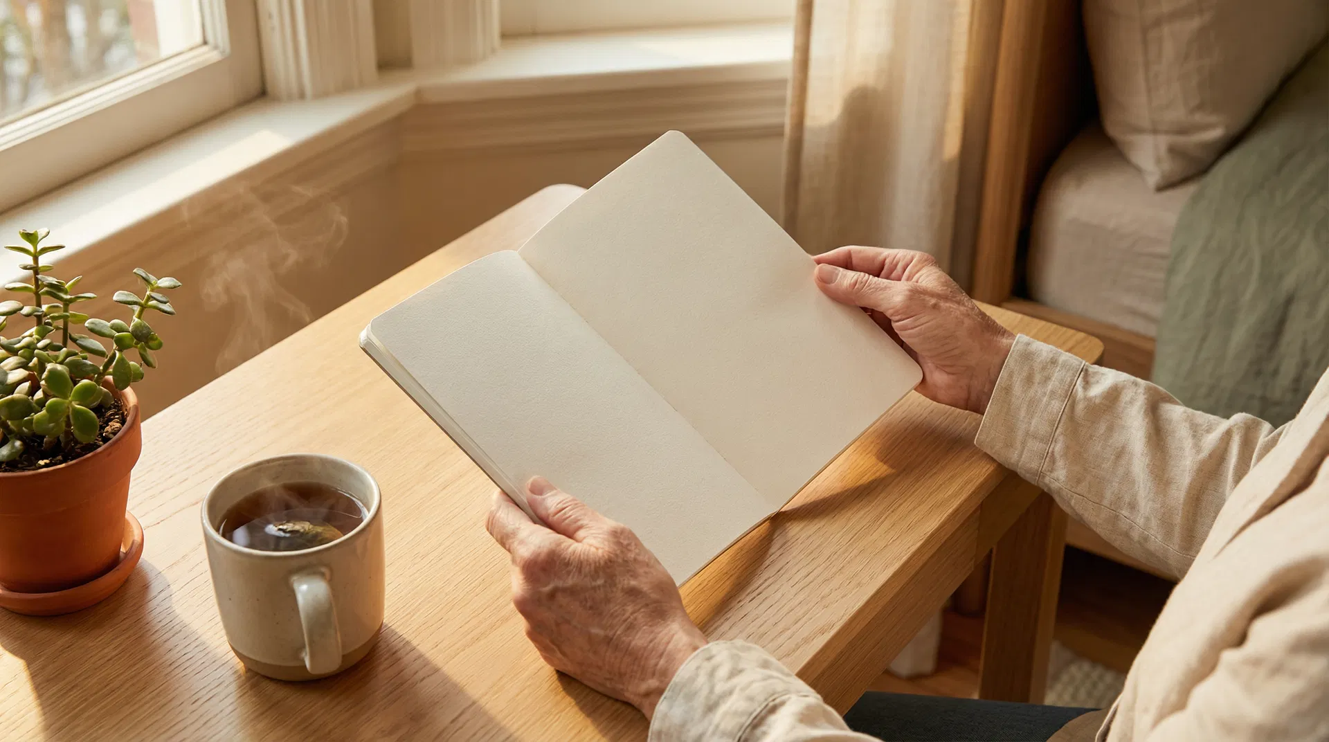Person holding an open journal, beginning a new journey