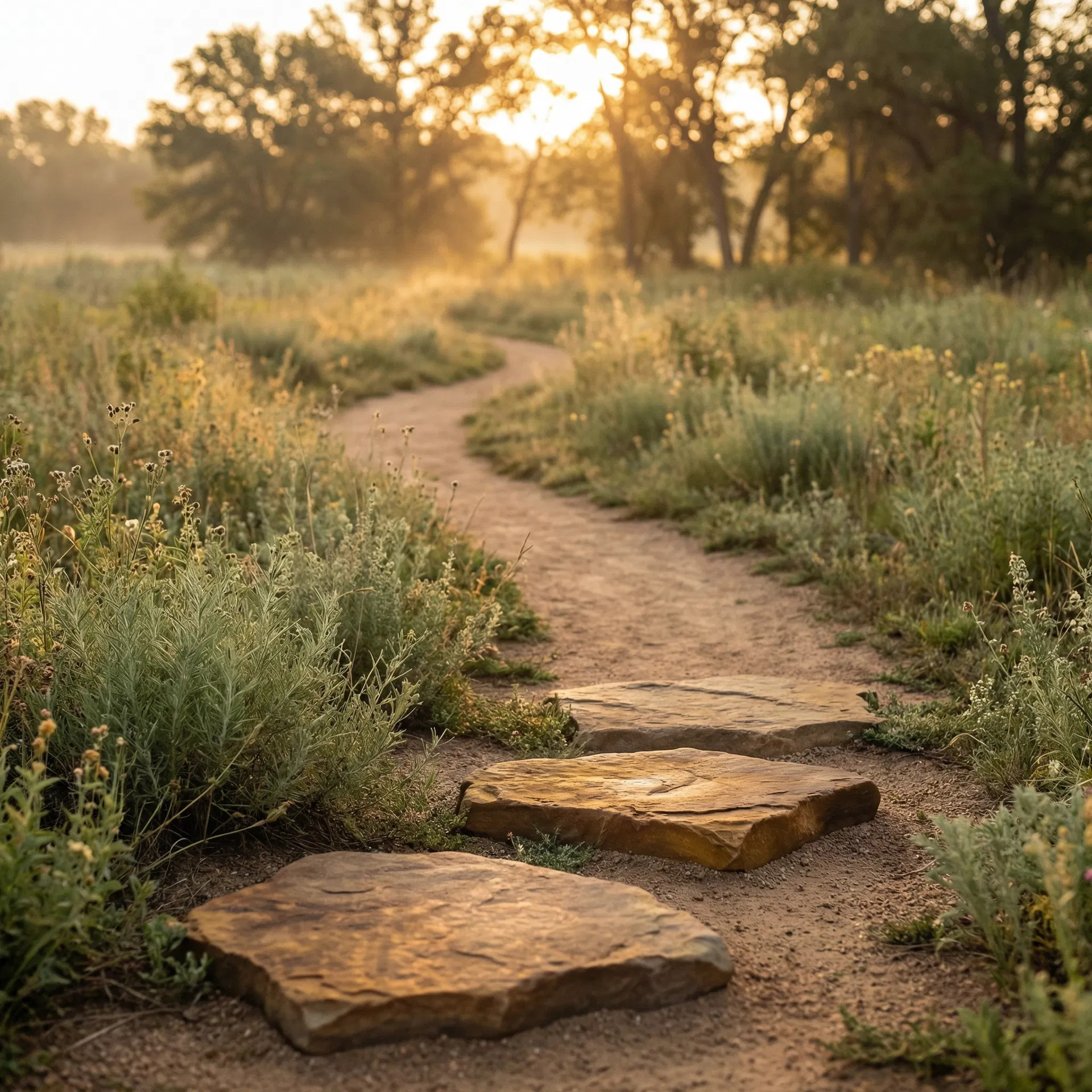 Stepping stones on a natural pathway at golden hour