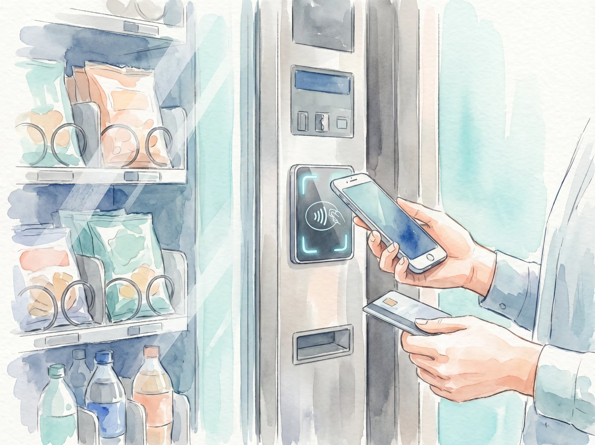 Watercolor-style close-up of a cashless vending machine payment screen with phones and cards in a soft, modern palette.