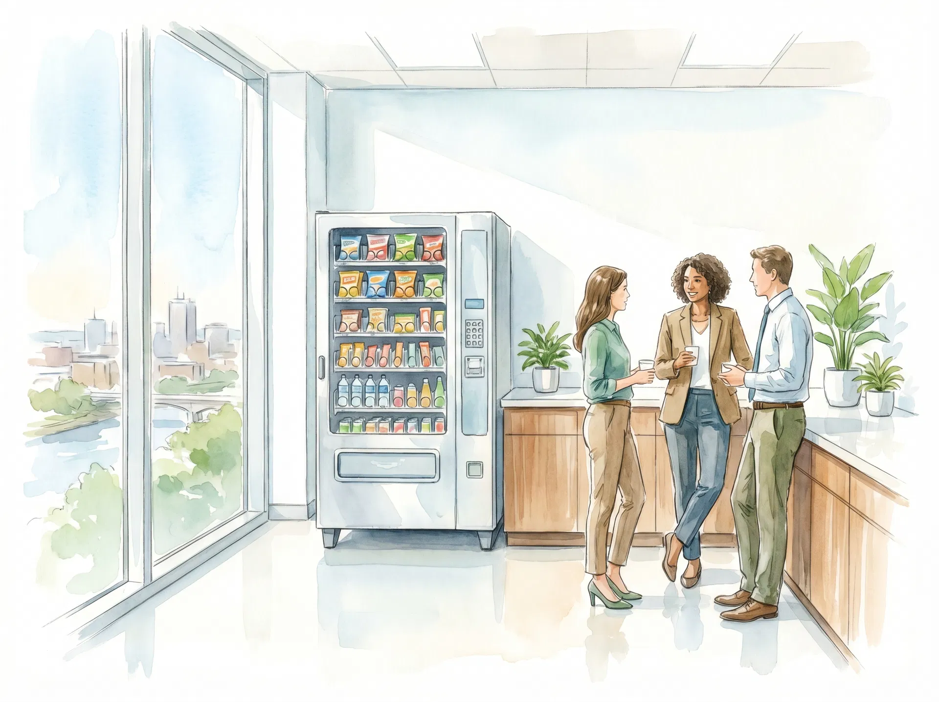 Watercolor-style office breakroom with a modern vending machine, soft blue and green tones, and professionals gathering nearby.