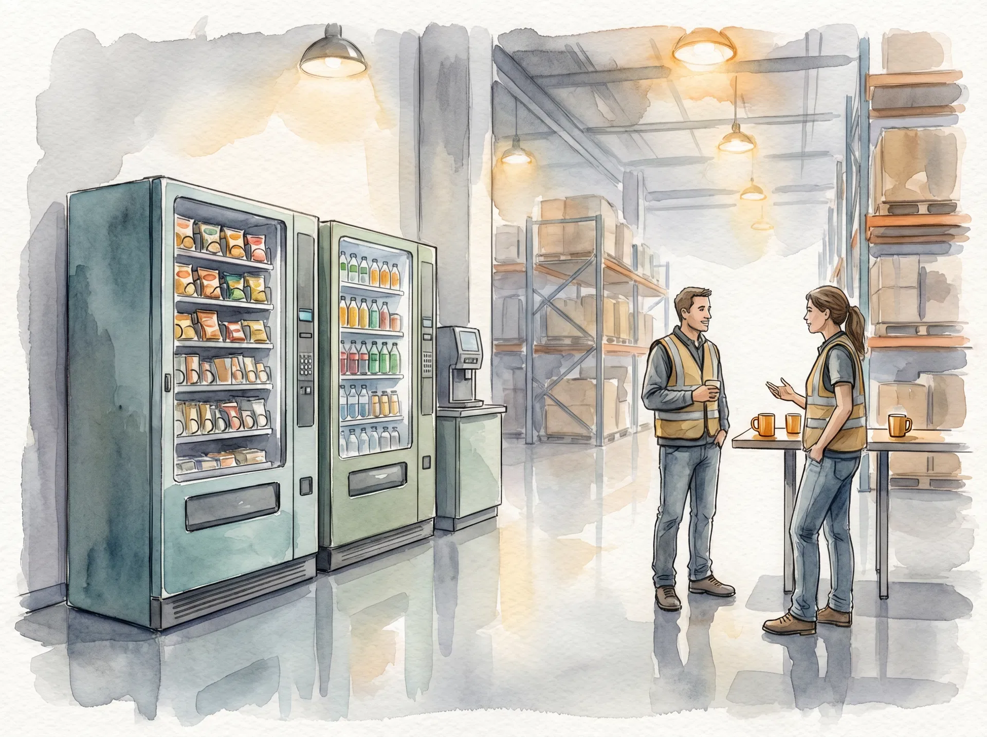 Watercolor-style warehouse hallway with a snack and drink vending area, warm lighting, and an organized industrial setting.